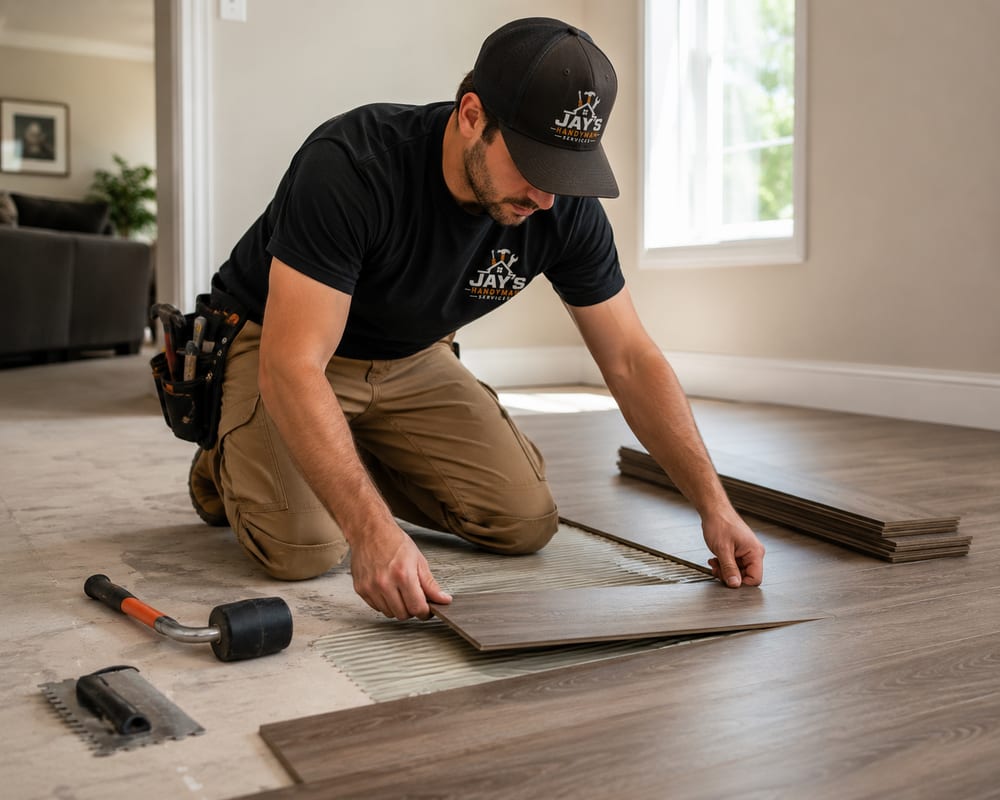 Jay laying new plank flooring